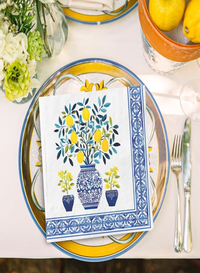 JarThenaAMCS مناديل ورقية من JarThenaAMCS، 100 قطعة، بتصميم ليموني مزخرف، أصفر وأزرق، بنقوش صينية، للاستخدام مرة واحدة، مثالية للغداء والعشاء الصيفي، مناسبة للمنزل والمطبخ والحفلات. - Image 5